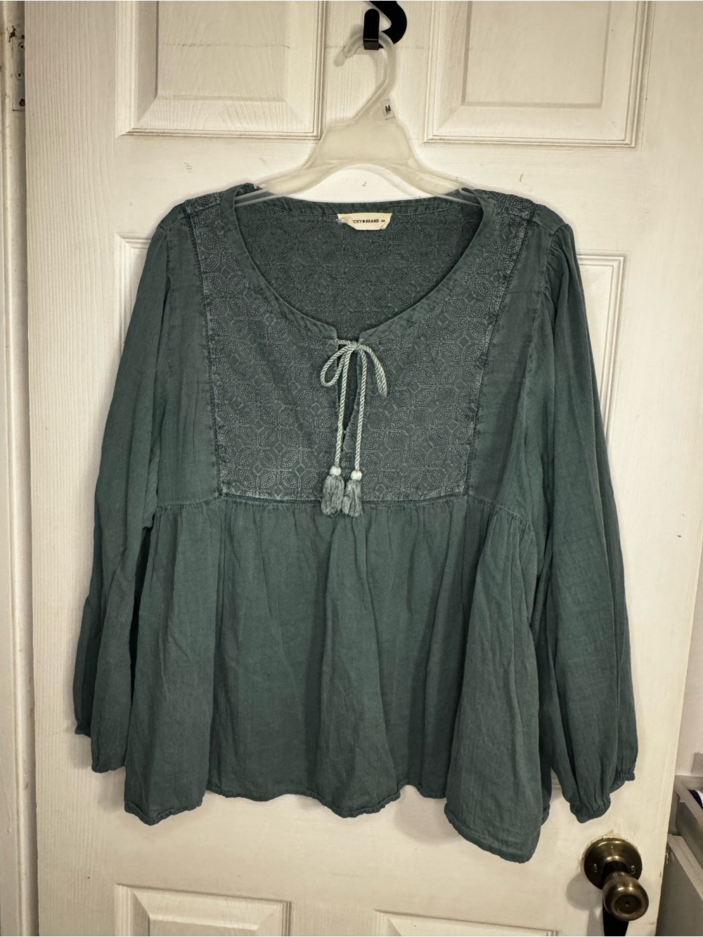 Lucky Brand Teal Peasant Blouse with Tassel Tie